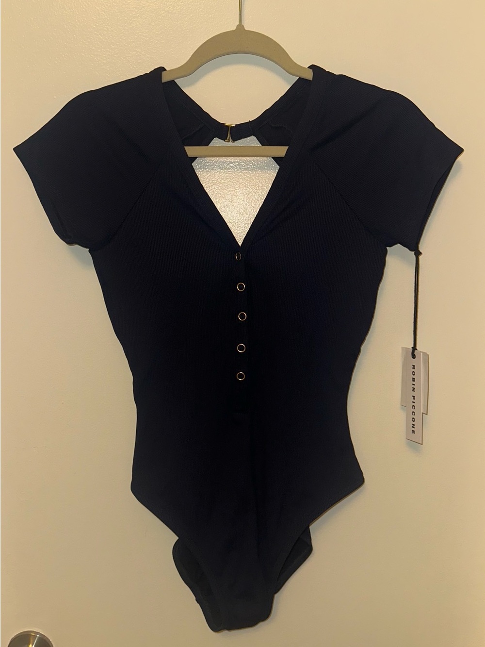 ROBIN PICCONE Navy Ribbed Button-Front One Piece Bodysuit/Swimsuit